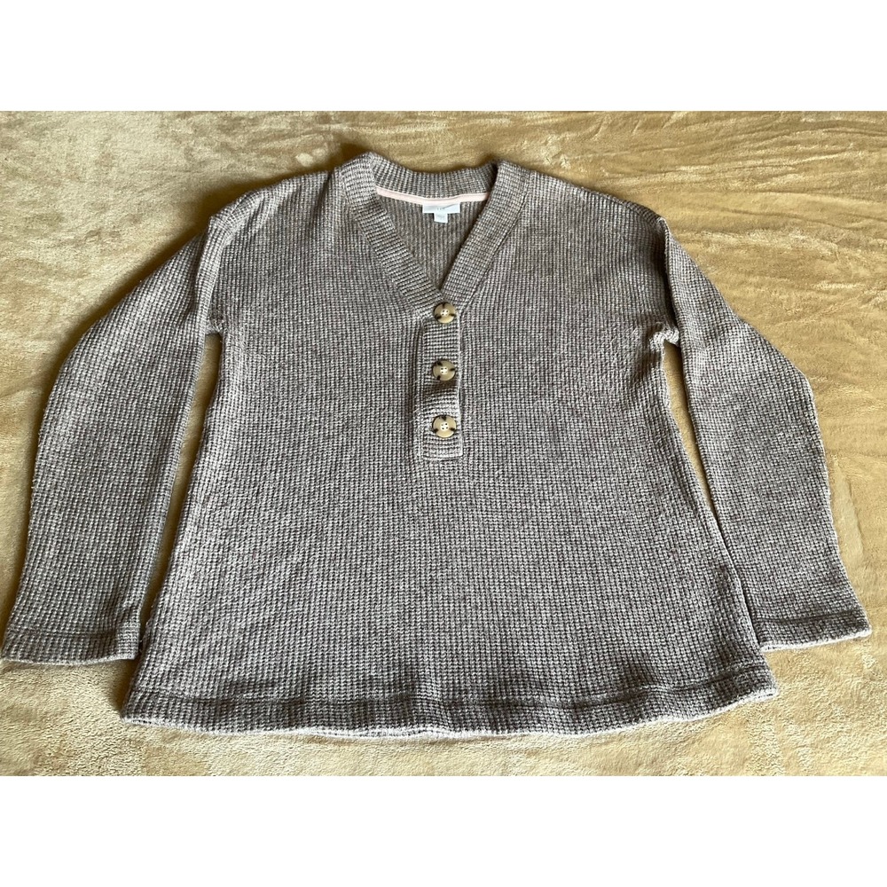 J Jill Shirt Henley Small Top Grey V Neck Button Longsleeve Waffle Knit s50